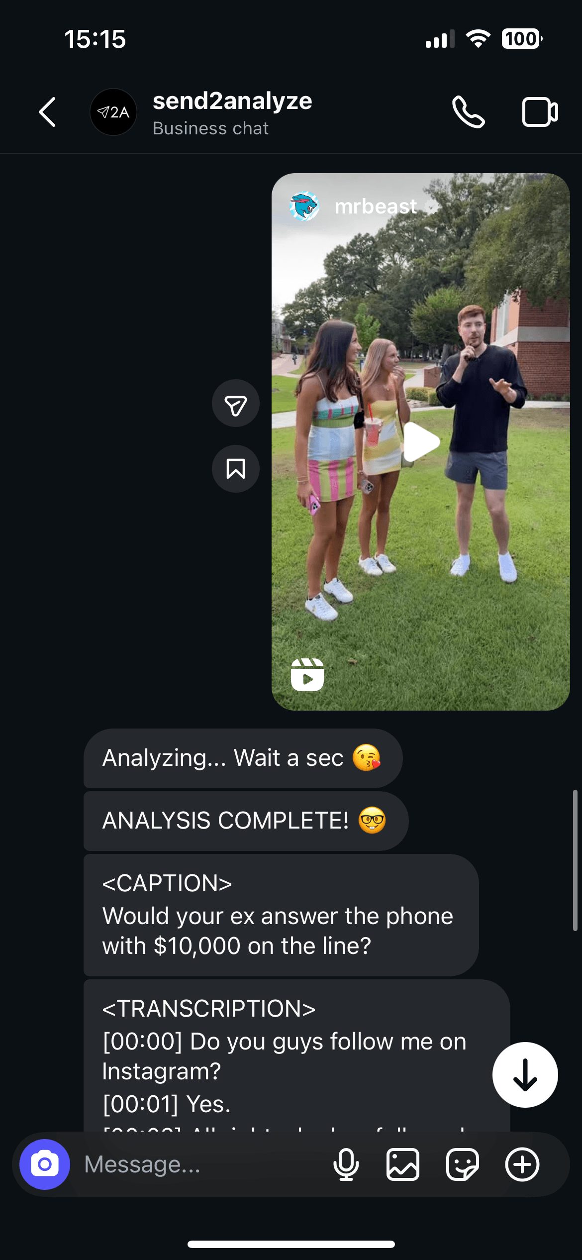 Send2Analyze Instagram DM step 1